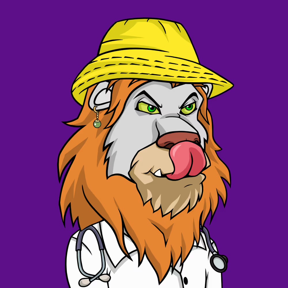 Lazy Lion with a yellow bucket hat, orange mane and white coat on a purple background