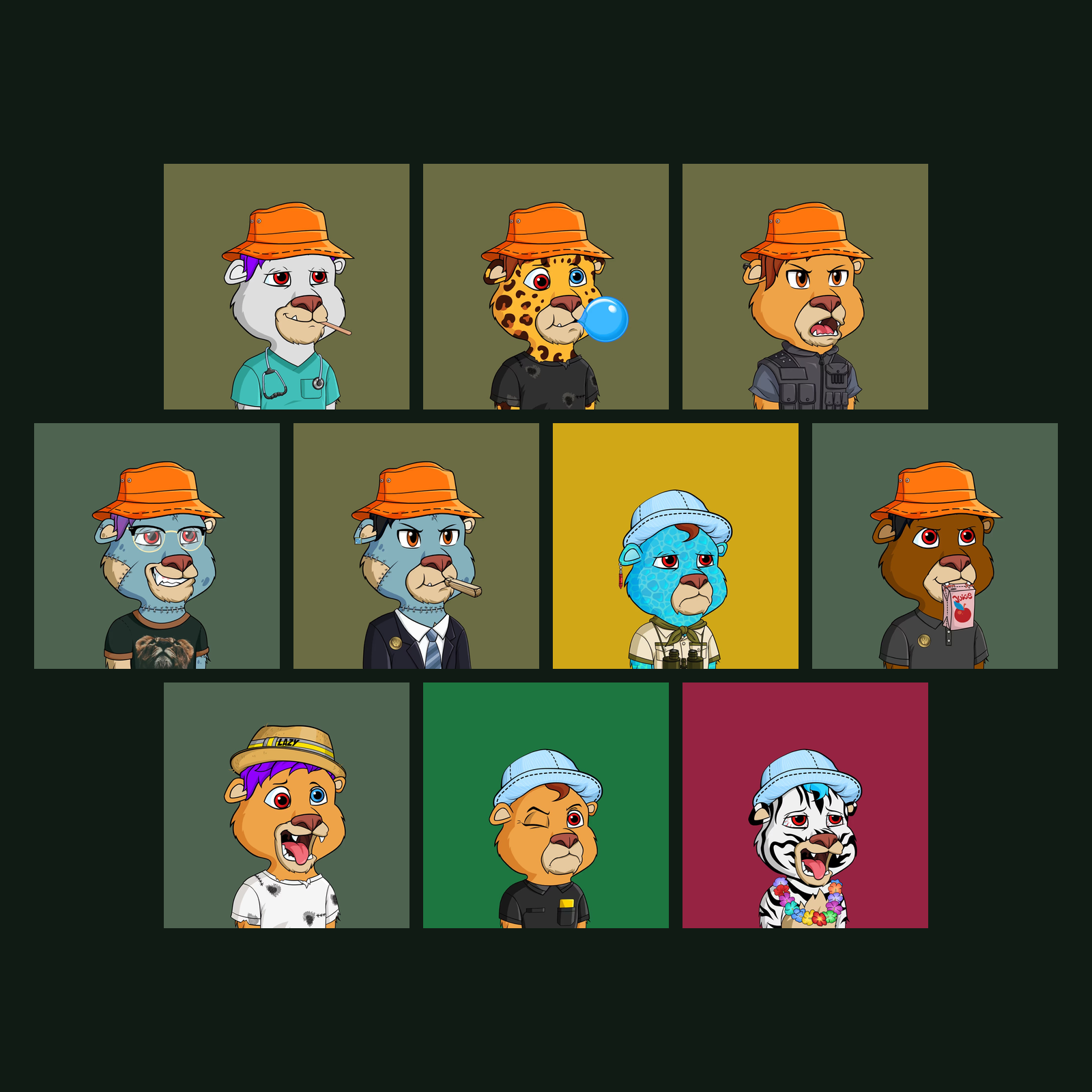 Collage of ten original Lazy Cubs portraits